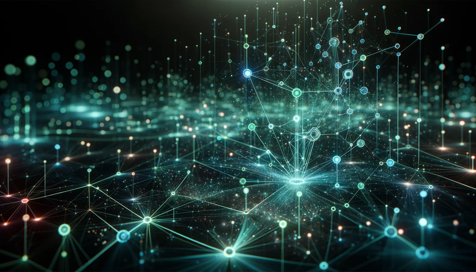 AI-nätverk med sammankopplade noder som symboliserar intelligent automation och AI-rådgivning för svenska företag